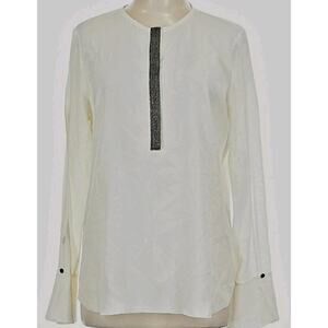 Go By GoSilk Large Women's Long Split Sleeve Silk Top Raw Hem Silver Detail Snap